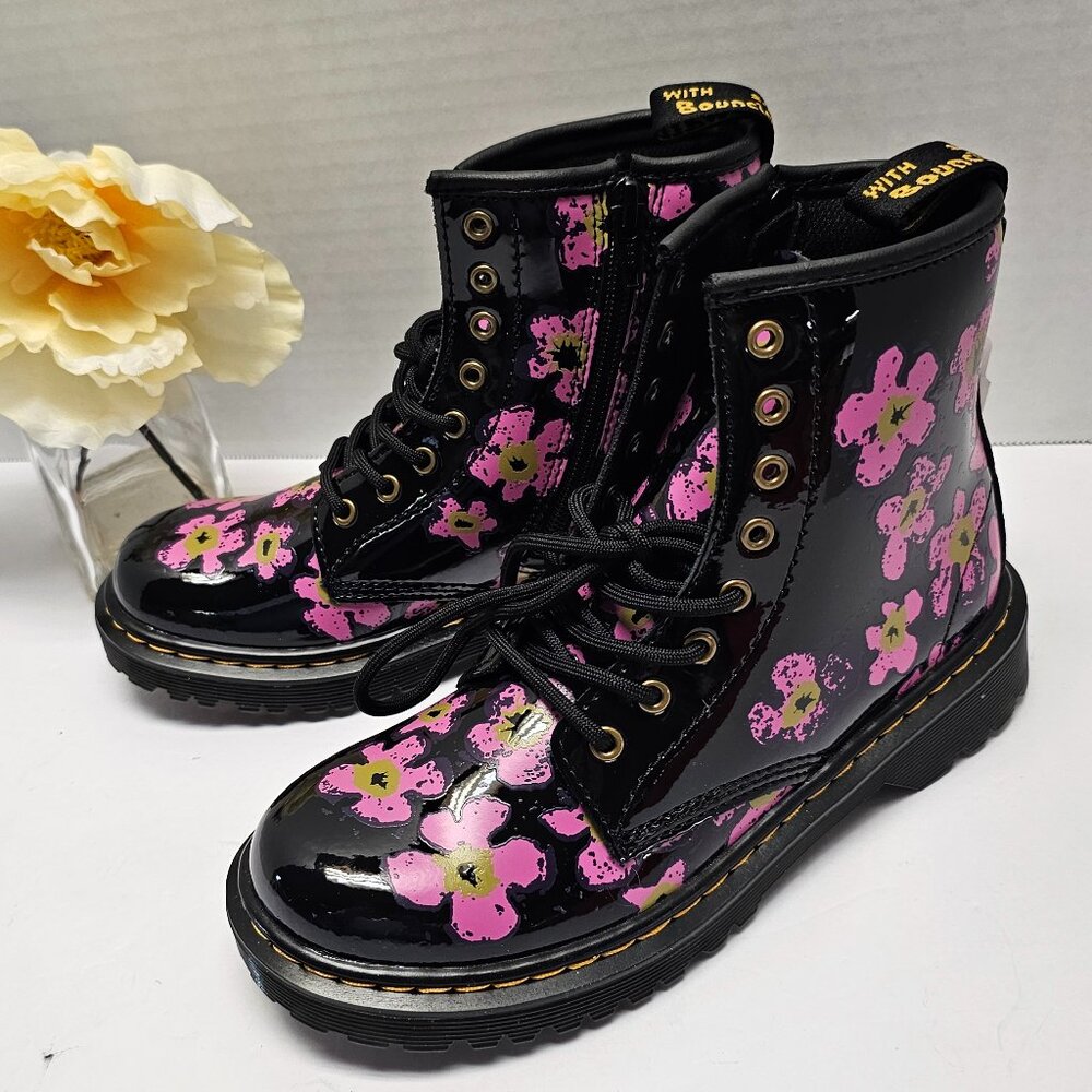 New Black Pink Flower Dr Martens Girls Zipper Lace Up Shoes Combat Boots Youth 2